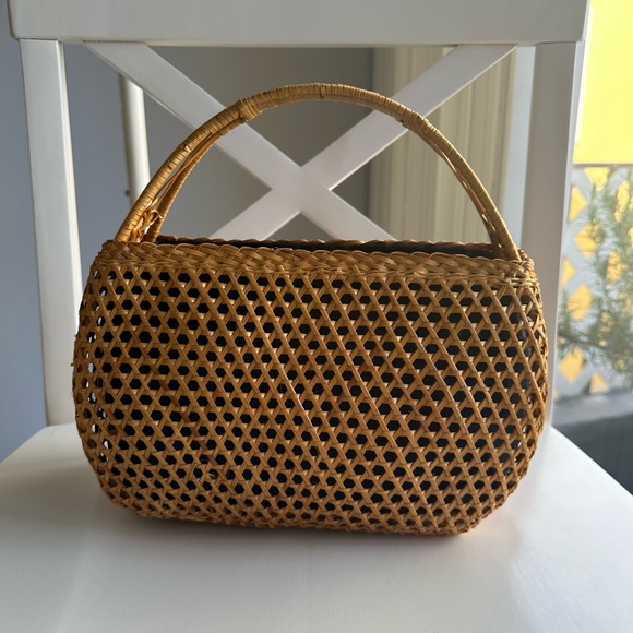 *SOLD* Handmade Bali Bohemian Cottagecore Rattan Woven Top Handle Basket Bag Tan - Picture 5 of 7